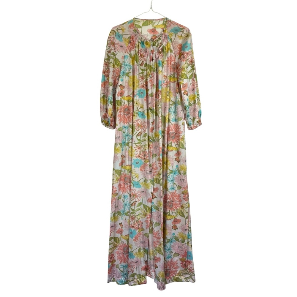 Vintage Floral Long Robe in Pink, Blue & Green
